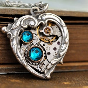Silver blue heart necklace steampunk Valentine Jewelry In My HEART All the TIME Victorian heart unlock my heart gift for her thinking of her image 1