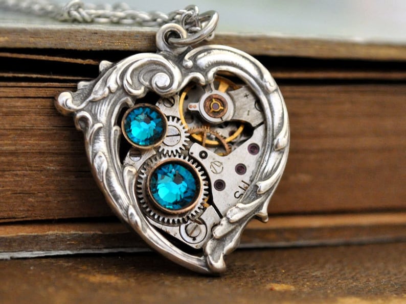 Silver blue heart necklace steampunk Valentine Jewelry In My HEART All the TIME Victorian heart unlock my heart gift for her thinking of her image 1