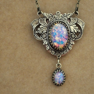 Victorian fire opal locket necklace antiqued brass photo locket handmade glass pink opal jeweled jewelry gift for women