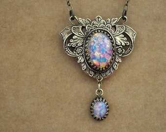 Victorian fire opal locket necklace antiqued brass photo locket handmade glass pink opal jeweled jewelry gift for women