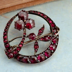 Antique silver garnet pin Bohemian garnet gold wash 925 sterling silver flower brooch pin Victorian 1900s collectable jewelry gift for women
