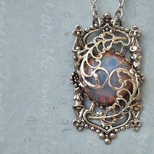 Door To The Secret Garden, antiqued silver pendant with vintage pink opal glass cab