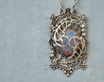 Door To The Secret Garden, antiqued silver pendant with vintage pink opal glass cab