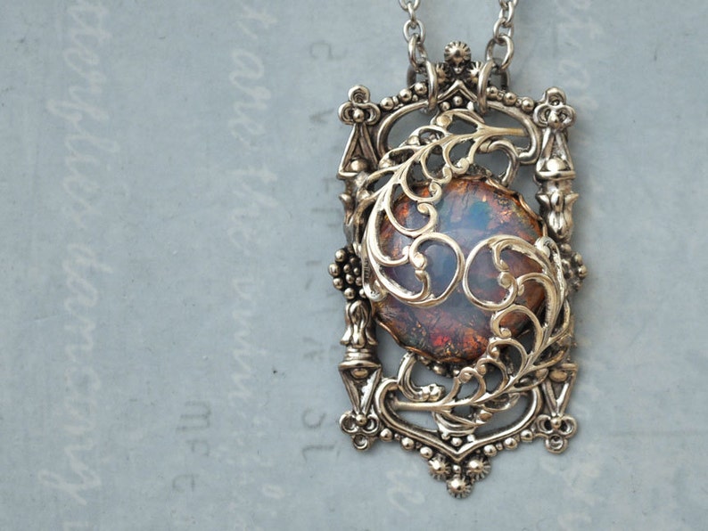 Door To The Secret Garden, antiqued silver pendant with vintage pink opal glass cab image 1