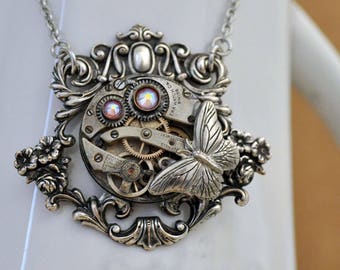 Silver butterfly steampunk necklace statement ENCHANTED FOREST jeweled watch movement blue zircon rhinestones gift necklace for women