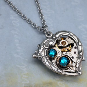 Silver blue heart necklace steampunk Valentine Jewelry In My HEART All the TIME Victorian heart unlock my heart gift for her thinking of her image 4