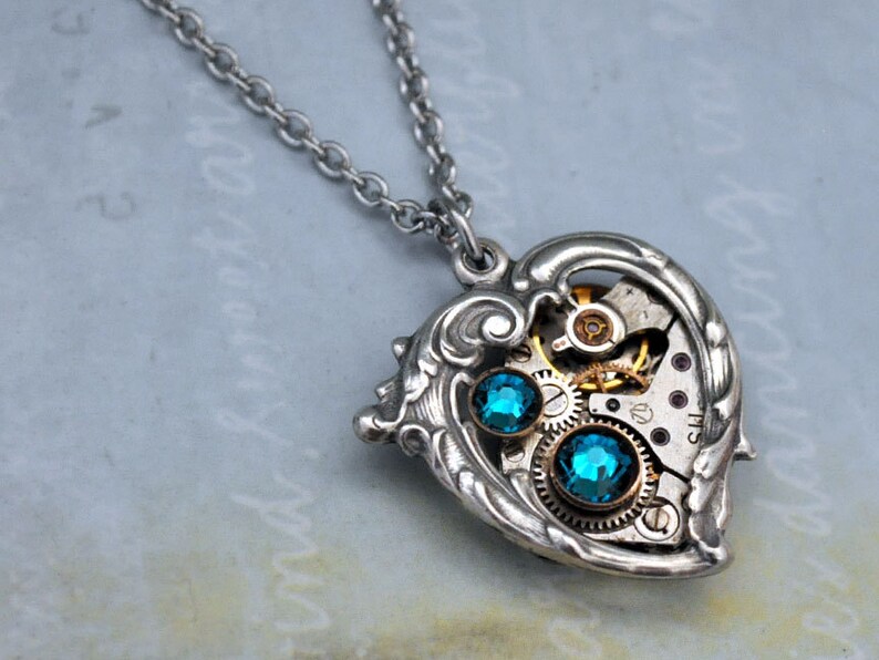 Silver blue heart necklace steampunk Valentine Jewelry In My HEART All the TIME Victorian heart unlock my heart gift for her thinking of her image 4