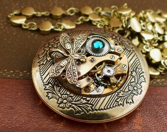 Dragonfly locket necklace steampunk jewelry antiqued brass dragonfly blue zircon necklace photo locket gift jewelry for women
