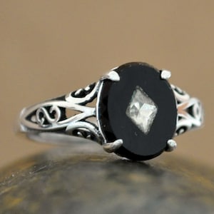 petite Art deco 925 sterling silver adjustable band ring with vintage paste stone glass cab,