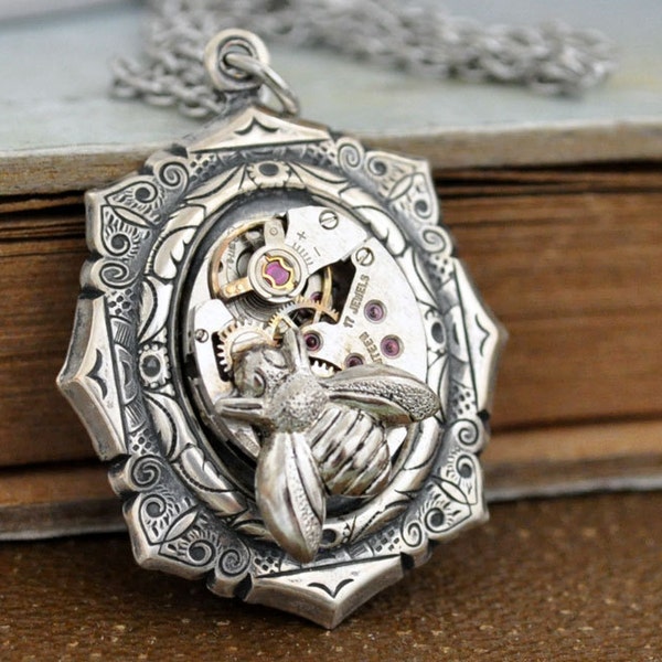 steampunk jewelry - TIME TRAVELER - antiqued silver steampunk watch movement necklace with tiny honey bee