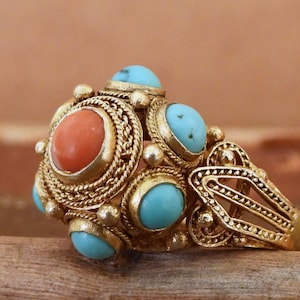 Vintage turquoise coral gold wash 925 sterling silver ring Chinese export collectable jewelry gift for women statement ring for her