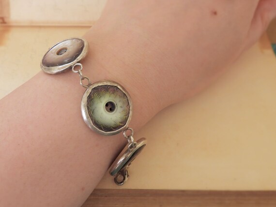 Silver Carved shell button panel bracelet Antique… - image 6