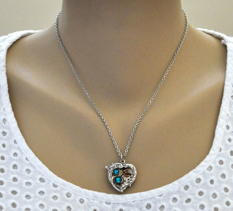 Silver blue heart necklace steampunk Valentine Jewelry In My HEART All the TIME Victorian heart unlock my heart gift for her thinking of her image 5