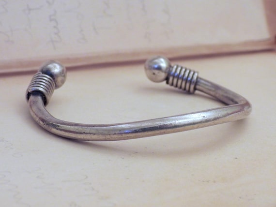 Solid silver double ball cuff bangle bracelet vin… - image 2