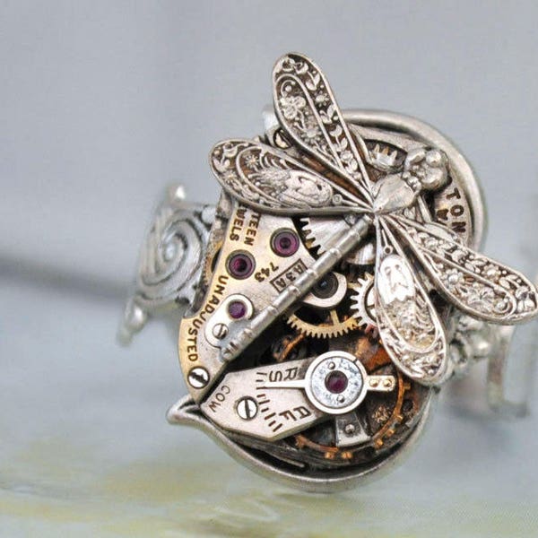 argent steampunk porte-clés squelette clé enveloppé anneau déverrouiller serrure coeur cadeau pour sa trouvaille unique montre à la main mouvement anneau taille réglable