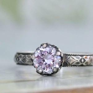 STERLING ALEXANDRITE RING hand made floral band oxidized sterling silver ring with color changing cz Alexandrite stone