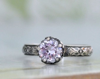 STERLING ALEXANDRITE RING hand made floral band oxidized sterling silver ring with color changing cz Alexandrite stone