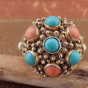 Vintage turquoise coral gold wash 925 sterling silver ring Chinese export collectable jewelry gift for women statement ring for her