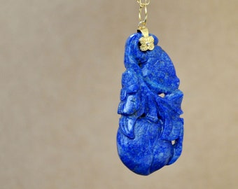 Vintage carved blue lapis flower leaf fruit necklace, gold filled necklace OOAK antique carved stone necklace vintage collectable jewelry