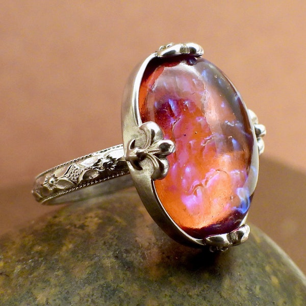 Statement silver dragons breath fire opal ring handmade 925 sterling silver fleur de lis ring vintage opal cameo universe galaxy ring