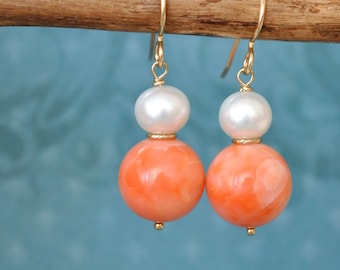 handmade gold filled angle skin large vintage natural pink coral beaded earrings,  genuine coral and freshwater white pearls, wedding bridal