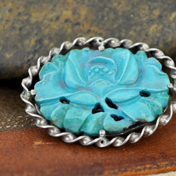 VINTAGE FIND 1900s antique carved blue turquoise Chinese export scarf clip, 925 sterling silver clip accessories