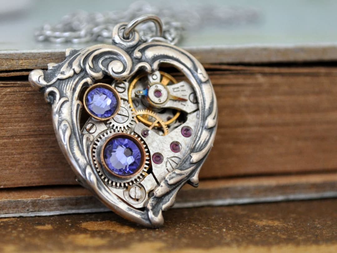 Steampunk Jewelry Valentine Jewelry in My HEART All the TIME Steampunk Heart Necklace Victorian Heart Necklace With Watch Movement Etsy
