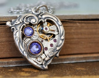 steampunk jewelry, Valentine Jewelry, In My HEART All the TIME, steampunk heart necklace, Victorian heart necklace with watch movement
