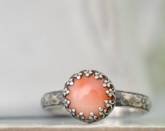 SILVER CORAL RING,  hand made floral band oxidized sterling silver ring with natural untreated pink angel skin coral cab