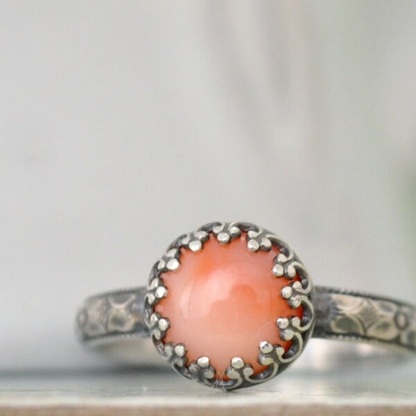 SILVER CORAL RING,  hand made floral band oxidized sterling silver ring with natural untreated pink angel skin coral cab