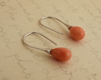 Silver coral earrings handmade raindrop style 925 sterling silver earrings antique natural untreated pink angel skin coral dainty everyday