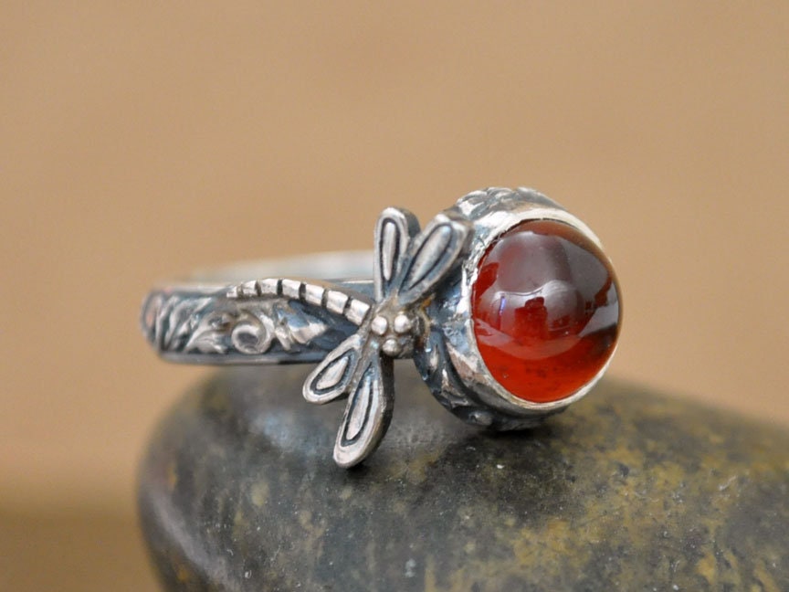 Set of 4 Natural Garnet 925 Sterling Silver Dragonfly /& Flower Stack//Stackable Rings