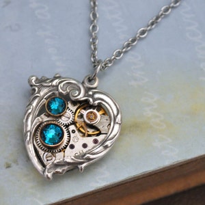 Silver blue heart necklace steampunk Valentine Jewelry In My HEART All the TIME Victorian heart unlock my heart gift for her thinking of her image 2