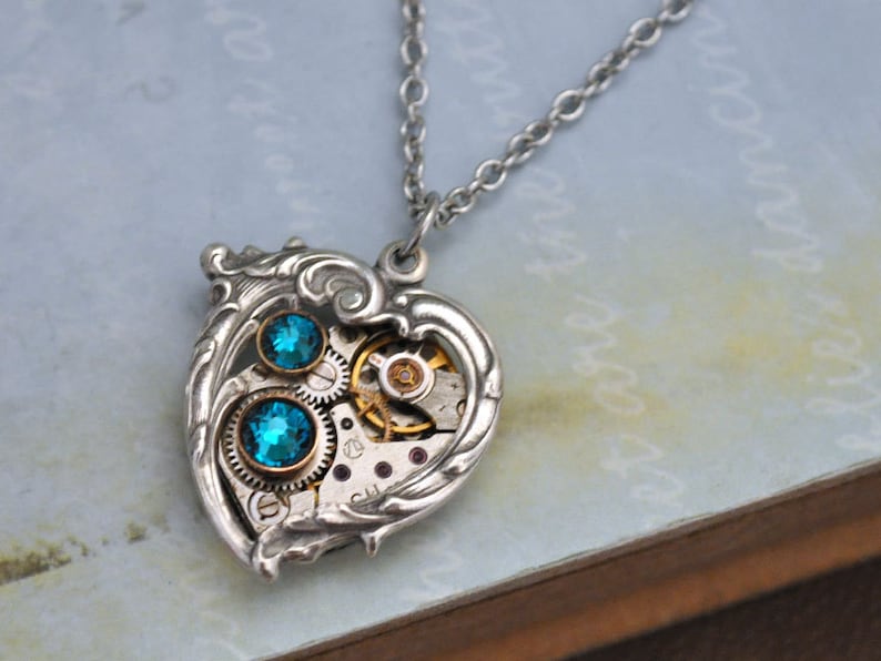 Silver blue heart necklace steampunk Valentine Jewelry In My HEART All the TIME Victorian heart unlock my heart gift for her thinking of her image 2