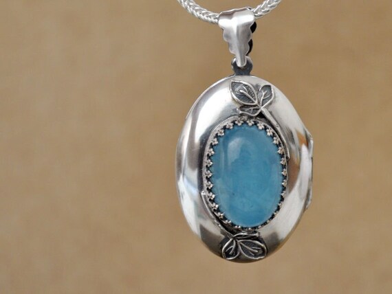 925 silver blue aquamarine vine leaf locket necklace, large photo locket jewelry, ooak statement serenity aquamarine gift for women ooak
