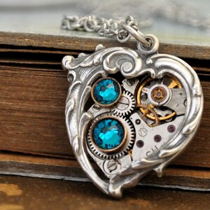 steampunk necklace In My HEART All the TIME steam punk Victorian heart necklace with vintage watch movement image 2