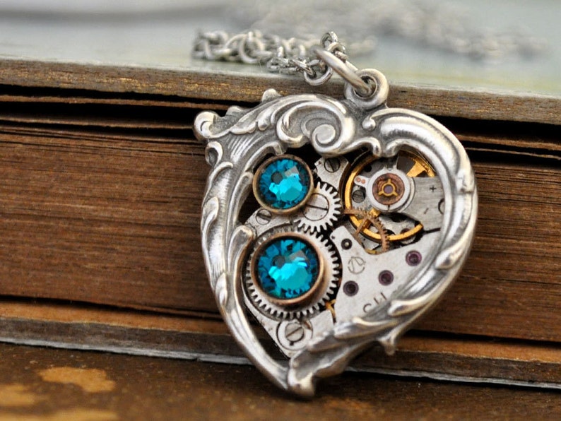 Silver blue heart necklace steampunk Valentine Jewelry In My HEART All the TIME Victorian heart unlock my heart gift for her thinking of her image 3