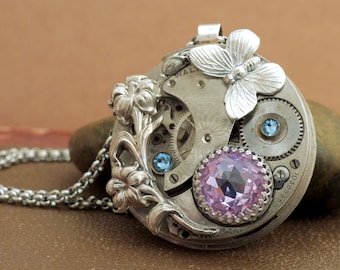 Silver Iris flower butterfly steampunk necklace Love Takes Time antiqued silver watch movement necklace Alexandrite stone jewelry gift OOAK