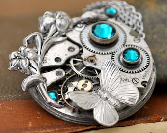 Silver steampunk butterfly jeweled blue zircon LOVE TAKES TIME vintage watch movement iris flower statement necklace unique jewelry