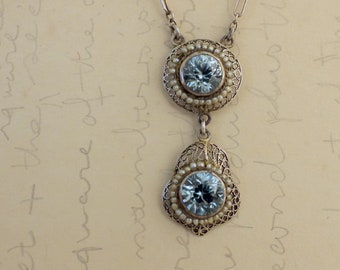 Victorian silver necklace Antique 1900s 925 sterling silver faceted blue topaz with seed pearls jewelry collection gift for women