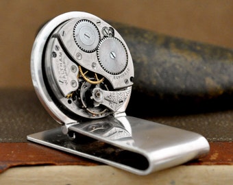 Handmade steampunk silver money clip TIME is MONEY vintage money clip Waltham vintage pocket watch movement gift for men OOAK wallet clip