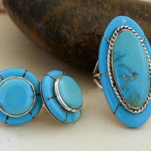 Silver Zuni ring earrings set blue turquoise inlay 925 sterling silver unsigned unique collectable jewelry gift set for women size 6.75