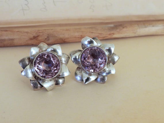 Statement Amethyst flower earrings 925 sterling s… - image 2