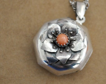 Silver lotus flower pink coral container locket pill box photo locket handmade one of a kind flower locket