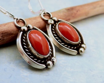 Navajo coral drop earrings 925 sterling silver old pawn Native American red coral earrings gift for women Native Indian jewelry earrings