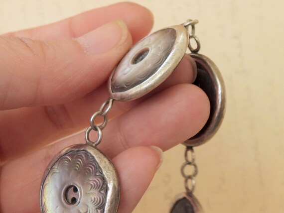 Silver Carved shell button panel bracelet Antique… - image 5