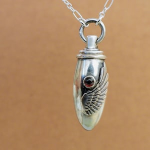 925 silver container necklace tube vile pet ash pendant scent locket small pill box angelic wing red garnet birth stone January  birthday