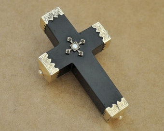 antique 10K gold cross vulcanite mourning jewelry jet black brooch pin gold framing  pearl Memento mori collectable jewelry