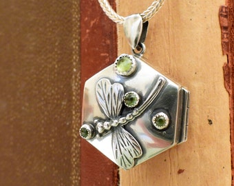 Silver dragonfly locket pill box necklace green peridot birthstone gift locket OOAK small box necklace keepsake gift for women