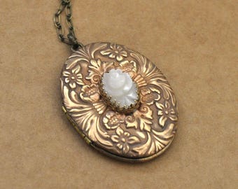 vintage 70s American made brass floral locket, ENCHANTED, Victorian style large floral locket with vintage hand carved shell flower accent